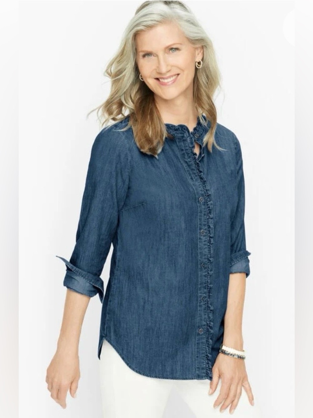 Talbots Dark Blue Denim Ruffle-Trim Shirt